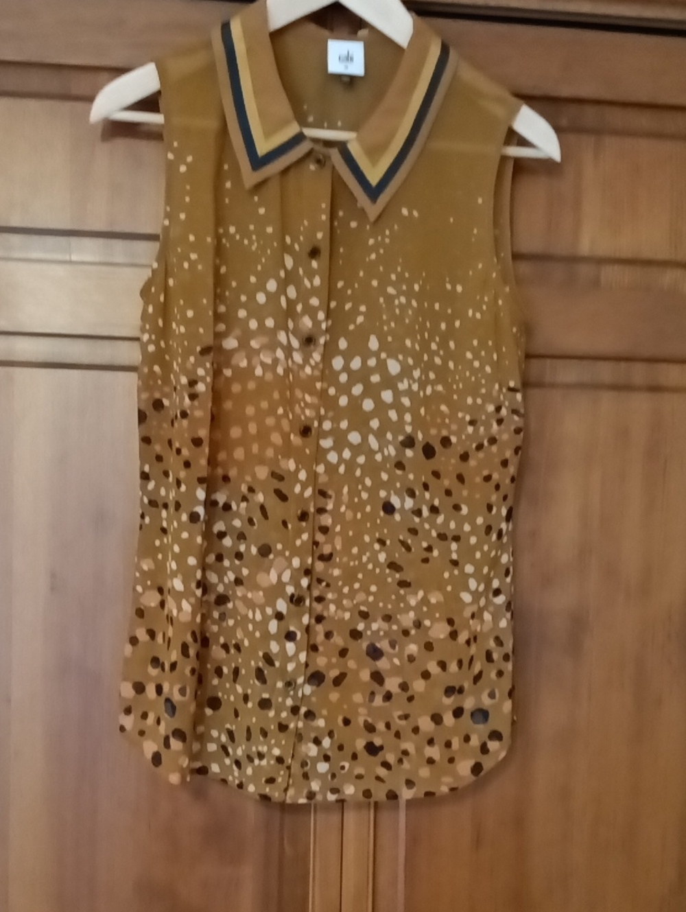 CAbi Mustard Sleeveless Dot-Print Button Blouse